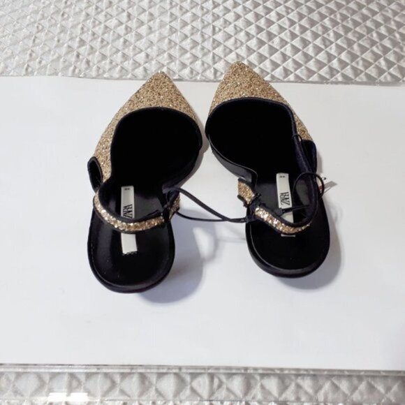 NWT Zara gold glitter slingback kitten heel pointed toe shoes, US7.5 / EU38 - Picture 9 of 11